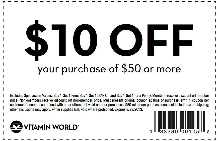 Vitamin World: $10 off $50 Printable Coupon