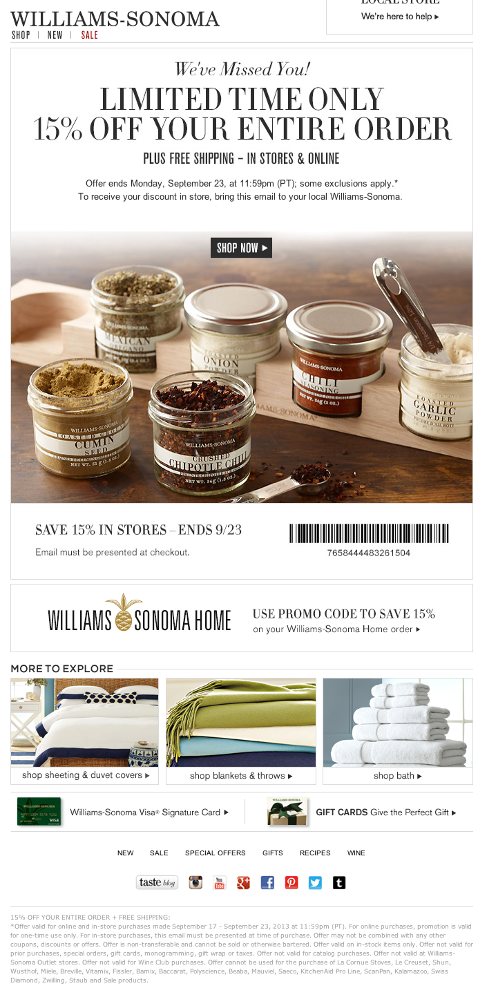 Williams-Sonoma: 15% off Printable Coupon