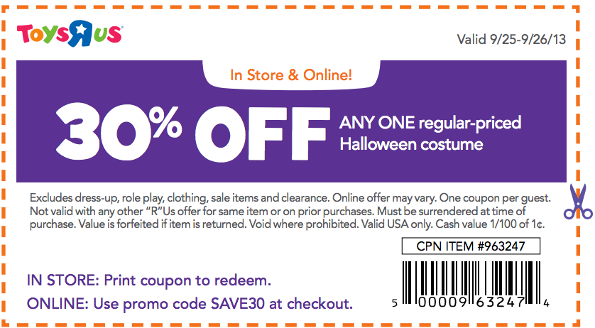 Toys R Us: 30% off Halloween Costume Printable Coupon