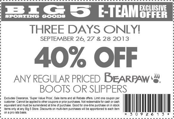 Big 5 Sporting Goods: 40% off BearPaw Printable Coupon
