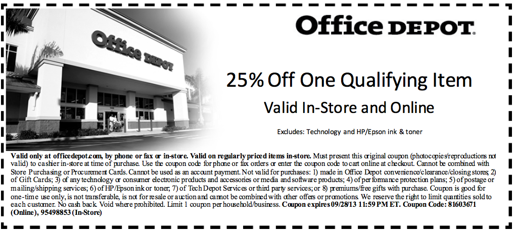 09 28 2013 Office Depot 25 Off Item Printable Coupon 1 