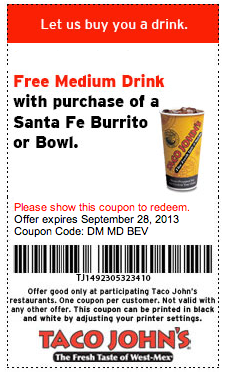 Taco Johns: Free Medium Drink Printable Coupon