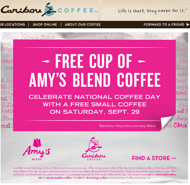 Caribou Coffee Company: Free Amy's Blend Coffee Printable Coupon