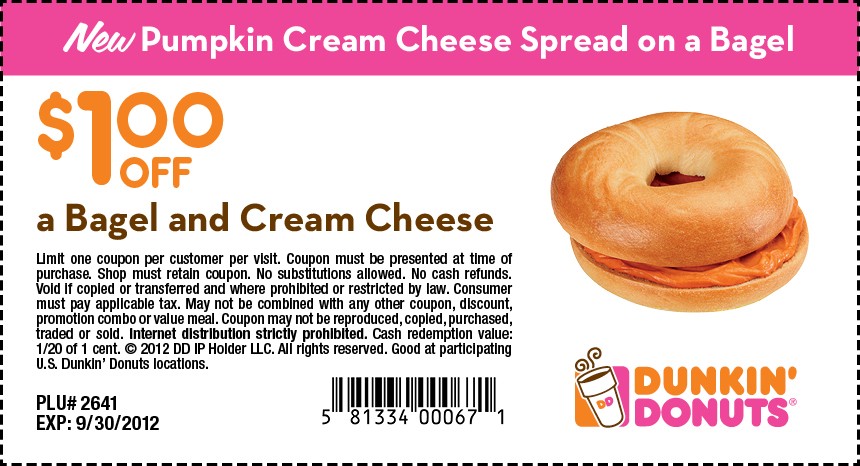 Dunkin Donuts: $1 off Bagel & Cream Cheese Printable Coupon