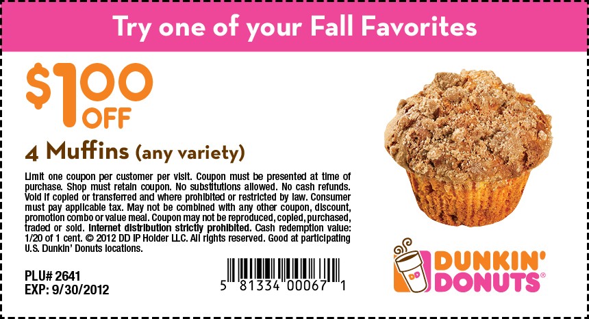 Dunkin Donuts: $1 off Muffins Printable Coupon