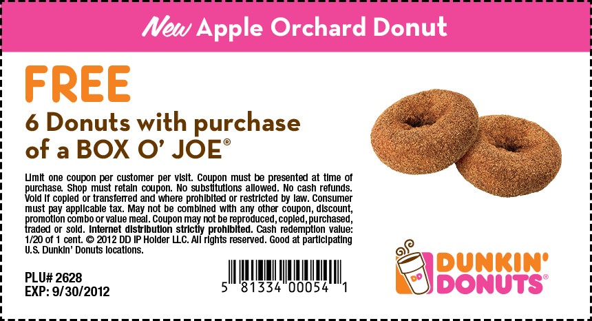 Dunkin Donuts: Free 6 Donuts Printable Coupon