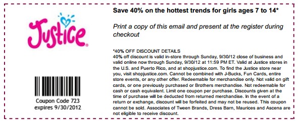 Justice: 40% off Printable Coupon