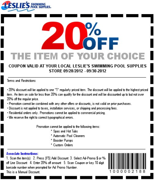 Leslies Pool Supply: 20% off Item Printable Coupon