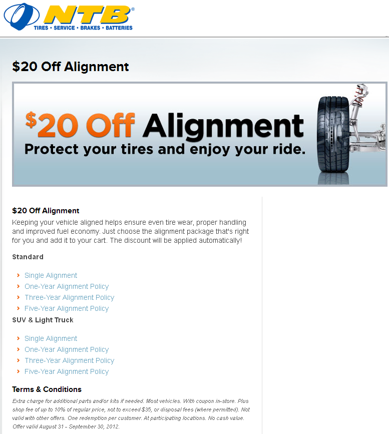 NTB Tire: $20 off Alignment Printable Coupon