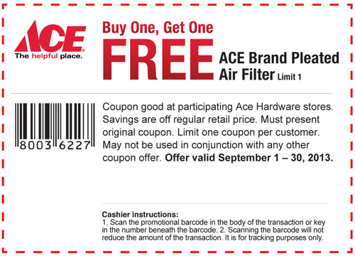 Ace Hardware: BOGO Pleated Filter Printable Coupon
