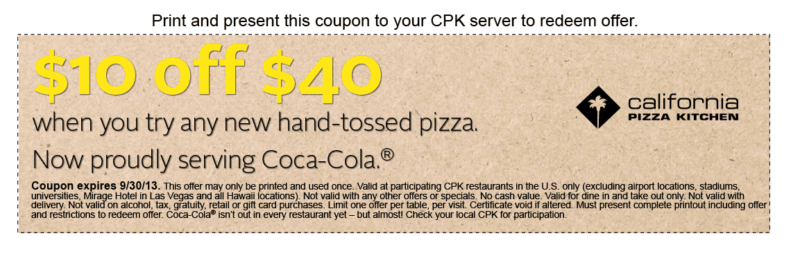 California Pizza Kitchen: $10 off $40 Printable Coupon