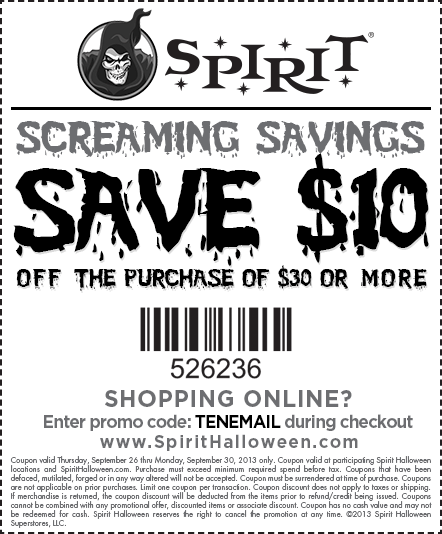 Spirit Halloween: $10 off $30 Printable Coupon