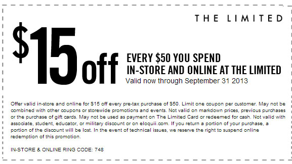 The Limited: $15 off $50 Printable Coupon