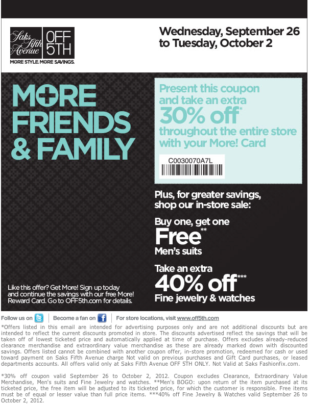 Saks Fifth Avenue Promo Coupon Codes and Printable Coupons