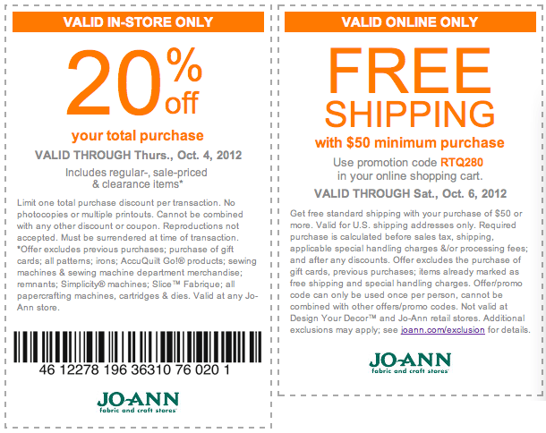 JoAnn Fabrics: 20% off Printable Coupon 