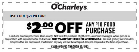 O'Charley's: $2 off $10 Printable Coupon
