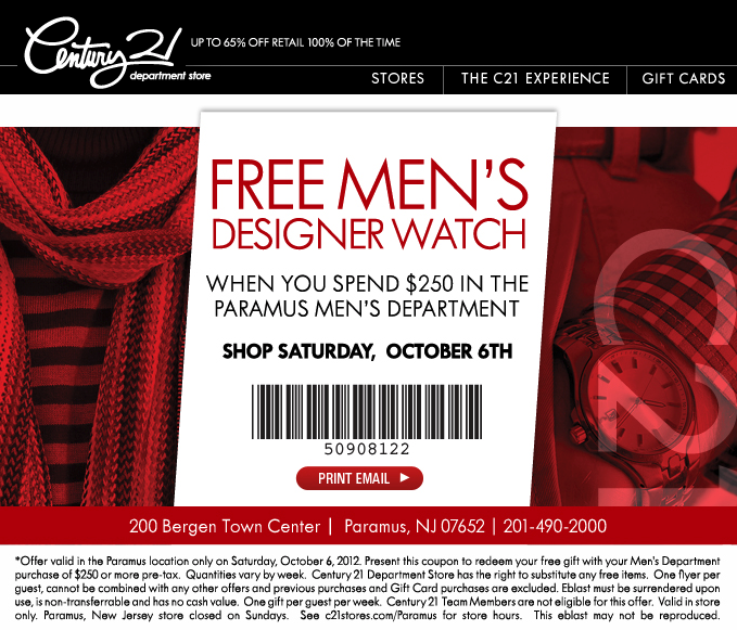 Century 21 Department Store: Free Designer Watch Printable Coupon