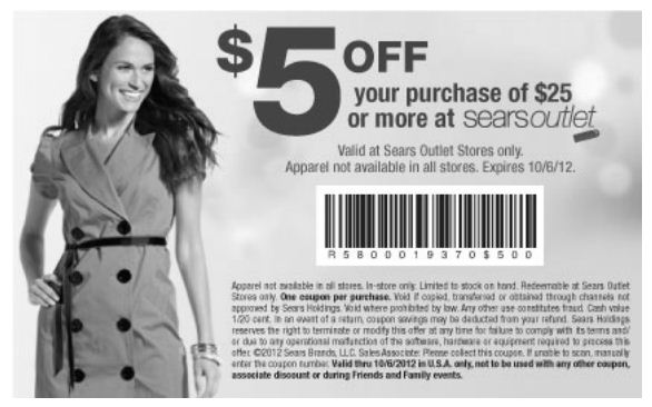 Sears Outlet: $5 off $25 Printable Coupon