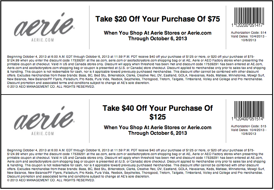 aerie: $20-$40 off Printable Coupon
