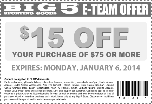 Big 5 Sporting Goods: $5-$15 off Printable Coupon