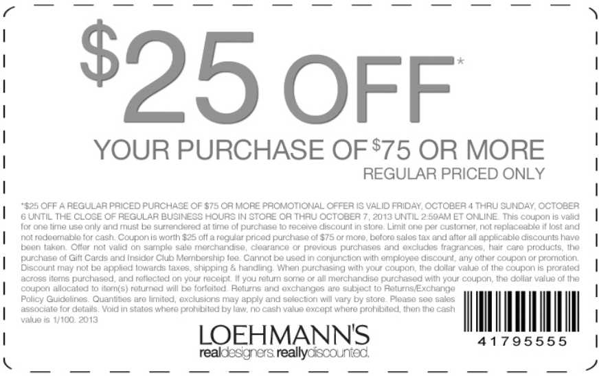 Loehmann's: $25 off $75 Printable Coupon