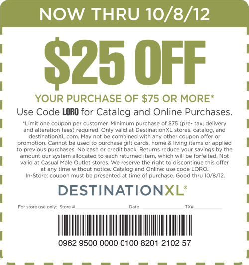 Destination XL: $25 off $75 Printable Coupon