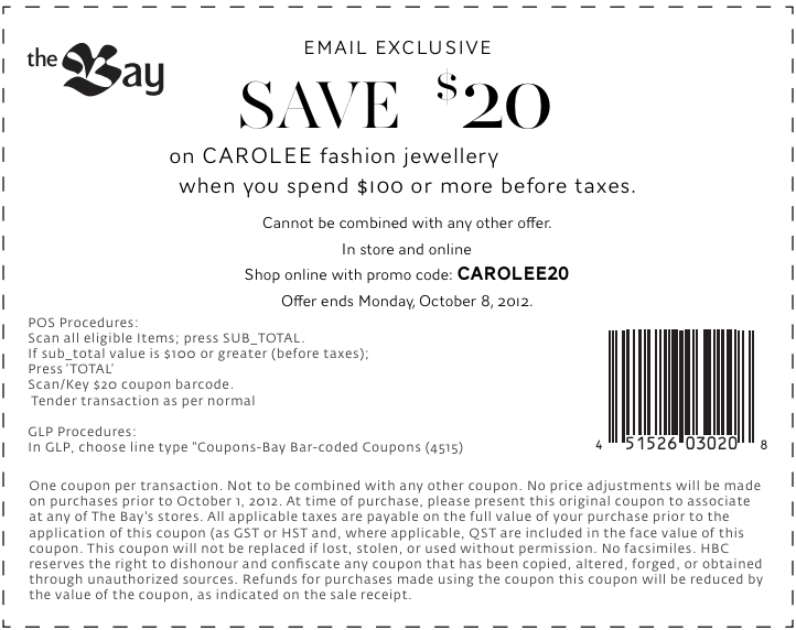 The Bay: $20 off $100 Jewellery Printable Coupon