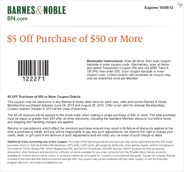 Barnes and Noble: $5 off $50 Printable Coupon