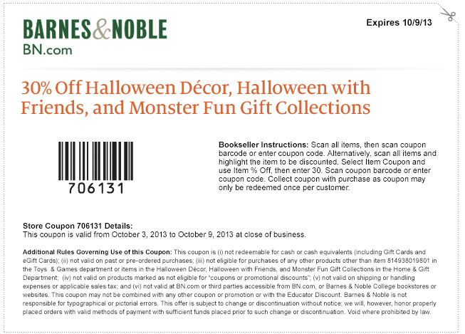 Barnes & Noble: 30% off Halloween Decor Printable Coupon