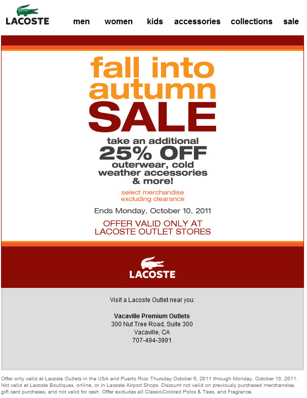 Lacoste: 25% off Outlet Printable Coupon