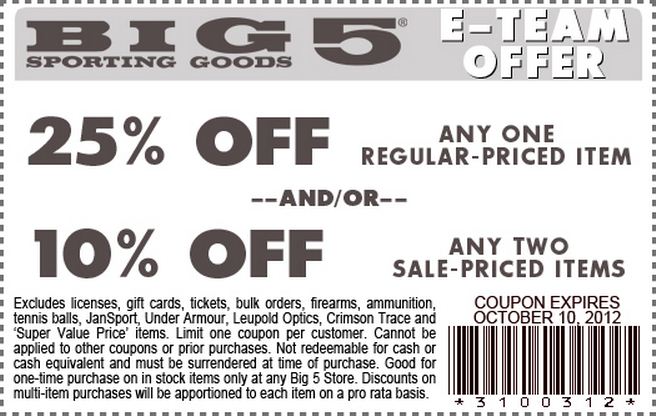 Big 5 Sporting Goods: 10%-25% off Printable Coupon