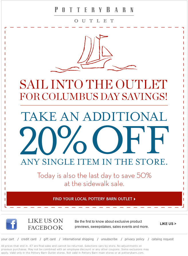 Pottery Barn Outlet: 20% off Printable Coupon