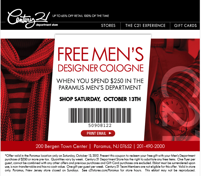 Century 21 Department Store: Free Men's Cologne Printable Coupon