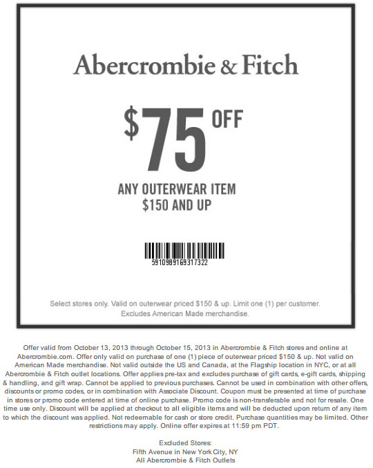 Abercrombie: $75 off $150 Outerwear Printable Coupon