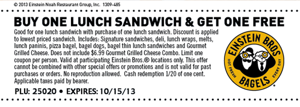 Einstein Bros Bagels: BOGO Free Sandwich Printable Coupon