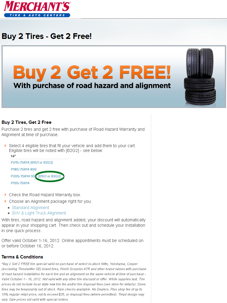 Merchant's Tire & Auto Centers: B2G2 Free Tires Printable Coupon