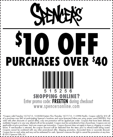 Spencer's Gifts: $10 off $40 Printable Coupon