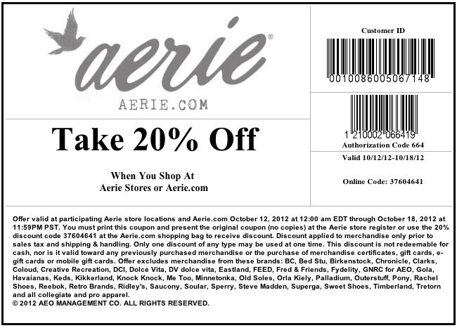 aerie: 20% off Printable Coupon