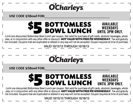 O'Charleys: $5 Bottomless Lunch Printable Coupon
