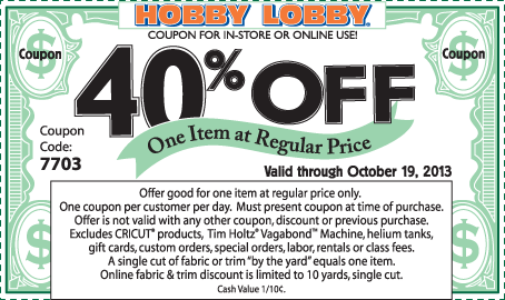 Hobby Lobby: 40% off Item Printable Coupon