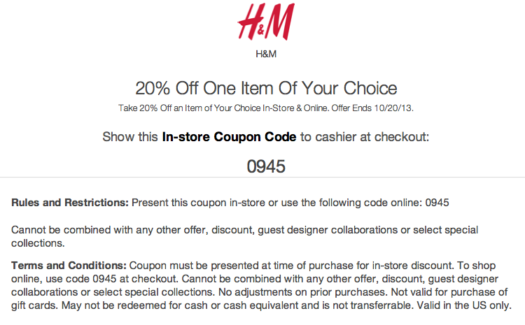 H&M: 20% off Item Printable Coupon