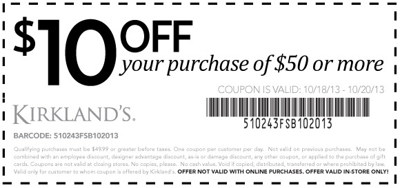 Kirkland's: $10 off $50 Printable Coupon