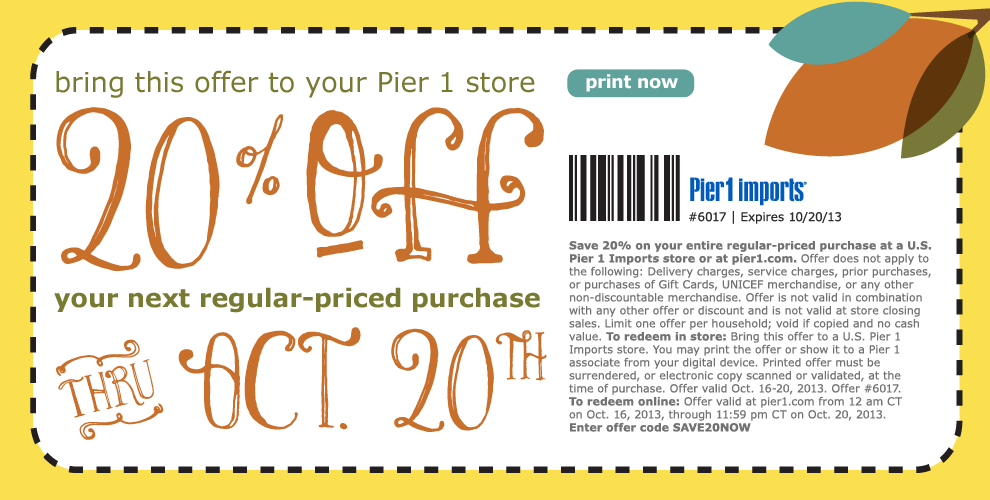 Pier 1 Imports: 20% off Printable Coupon