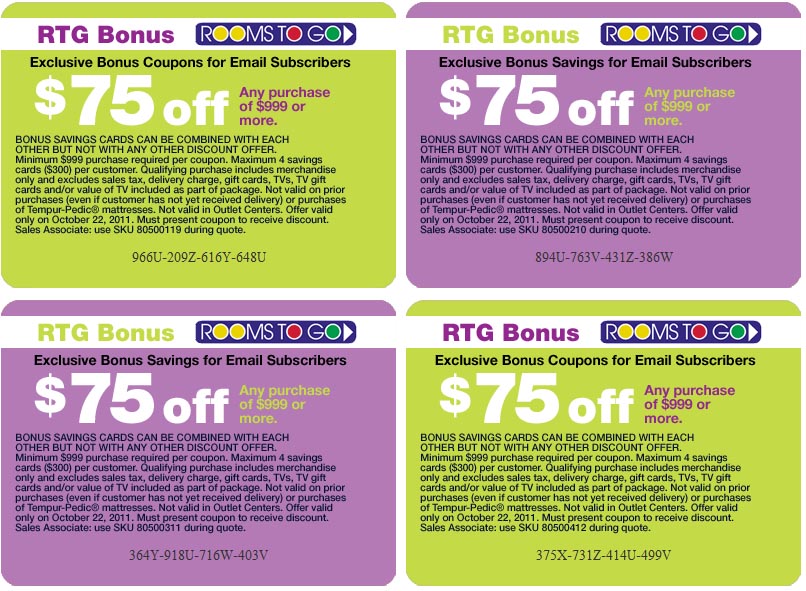 Rooms To Go: $75 off $999 Printable Coupon
