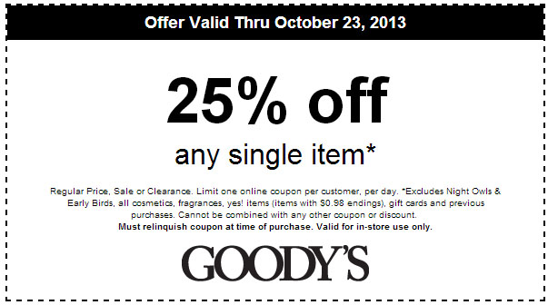 Goodys: 25% off Item Printable Coupon