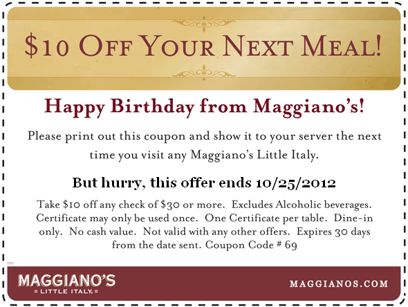 Maggianos: $10 off Meal Printable Coupon