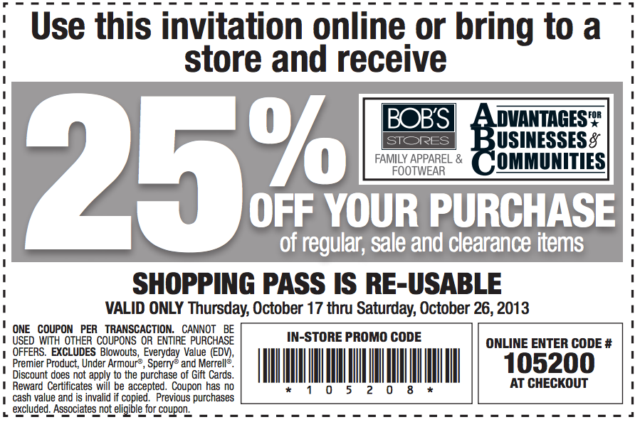 Bob's Stores: 25% off Printable Coupon