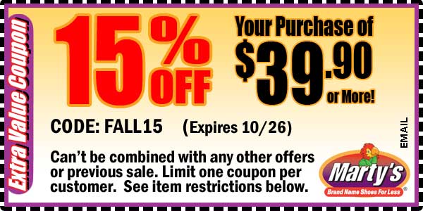 Marty's Shoes: 15% off $39.90 Printable Coupon