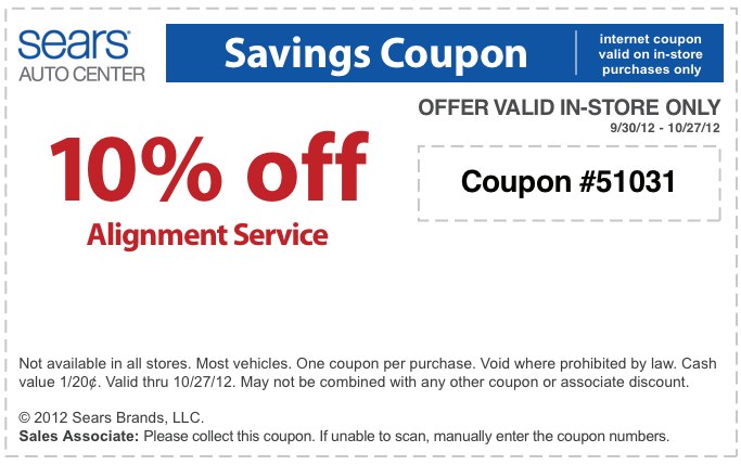 Sears Auto: 10% off Alignment Printable Coupon