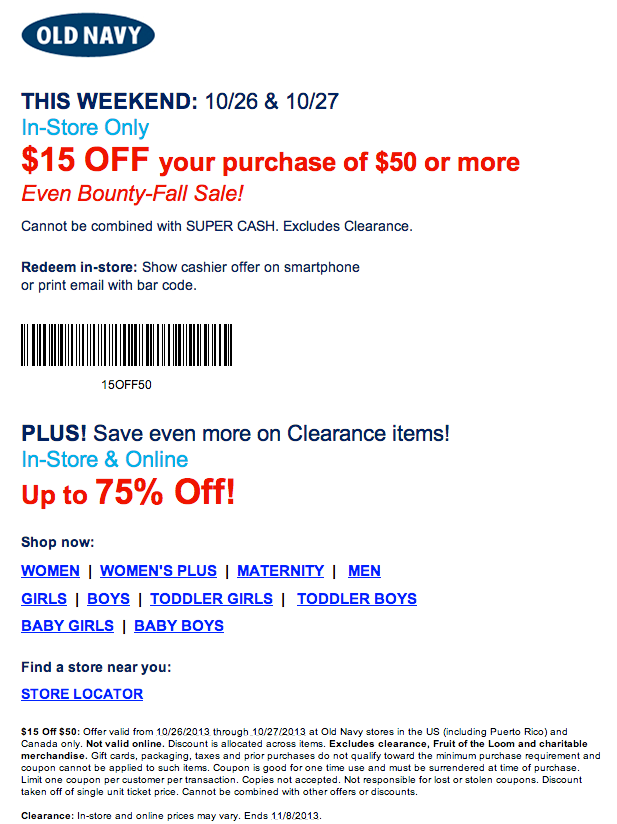 Old Navy: $15 off $50 Printable Coupon